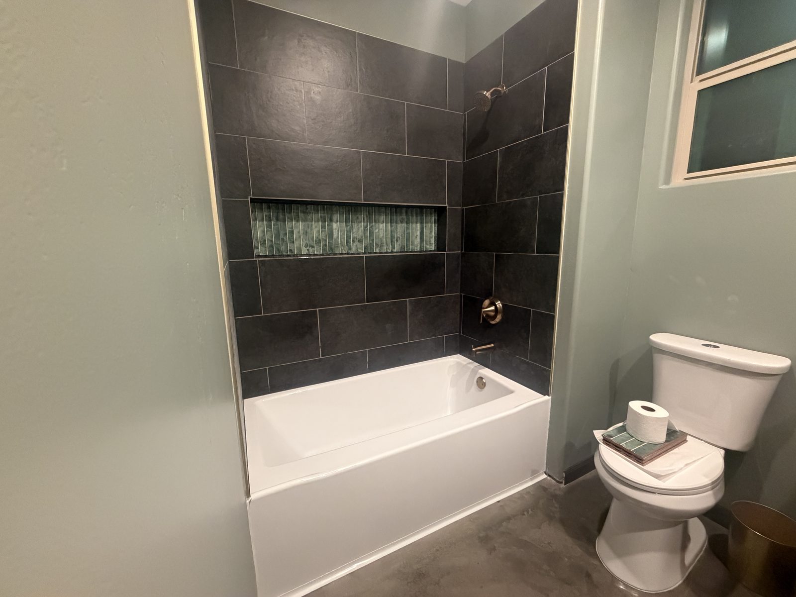 Finished bathroom, wide view